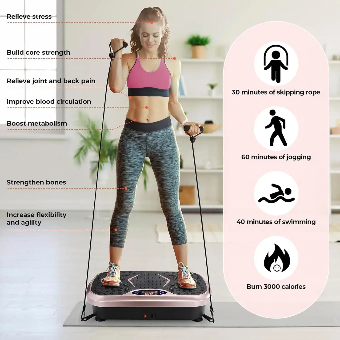 Woman using a Vibration Plate, Full Body Exercise Machine for strength training and fitness benefits in a home setting.