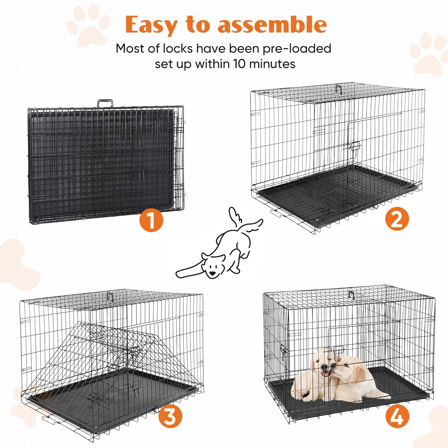 JHK Double Door Folding Metal Wire Dog Cage with Plastic Leak-Proof Pan.
