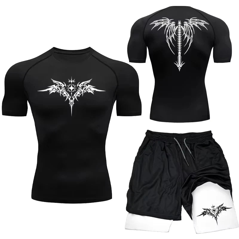 Men's MMA Compression Athletic Set - Quick-Dry Gym Shorts + Running Workout Tight .