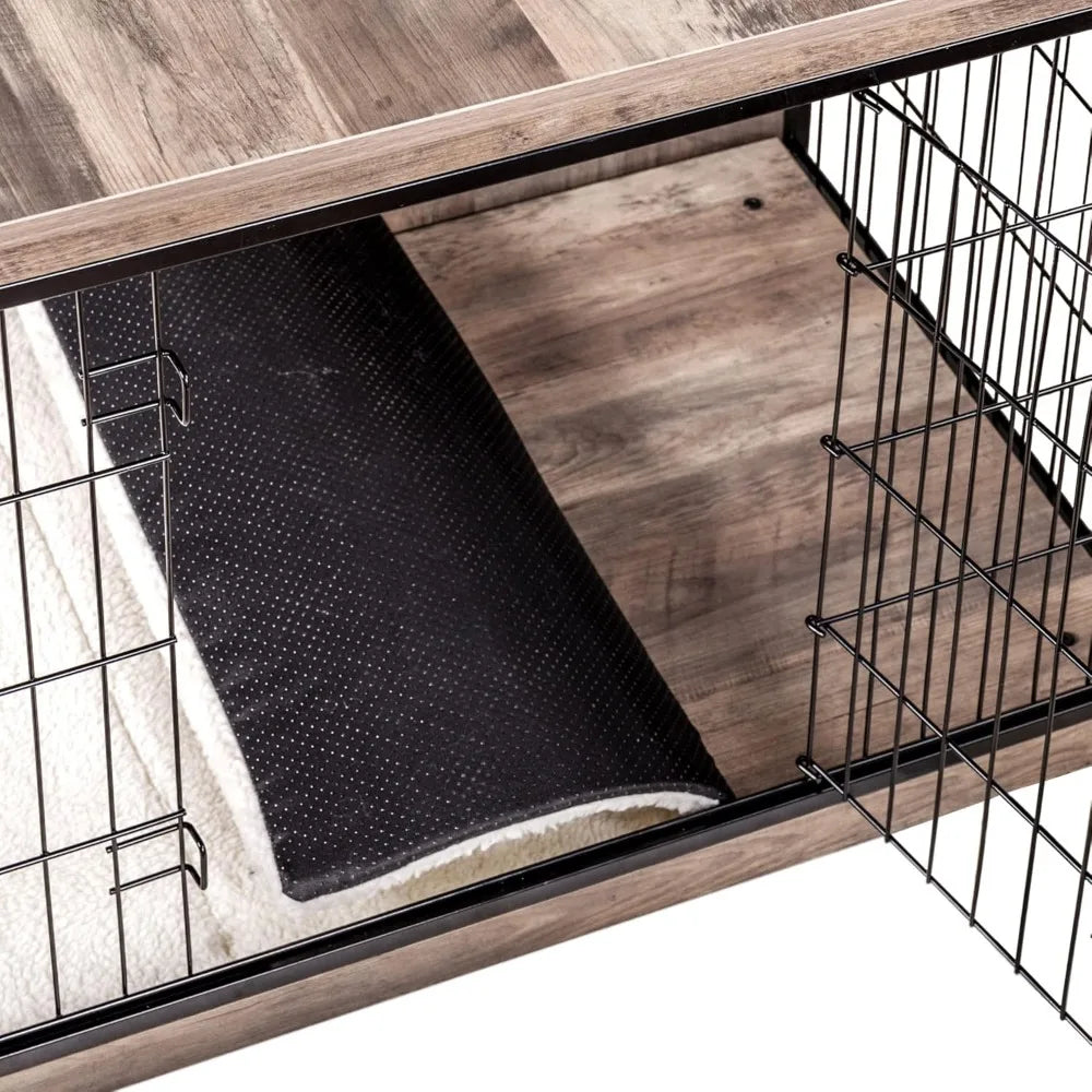 Double Door Dog Crate with Cushion & Wooden Kennel Table .