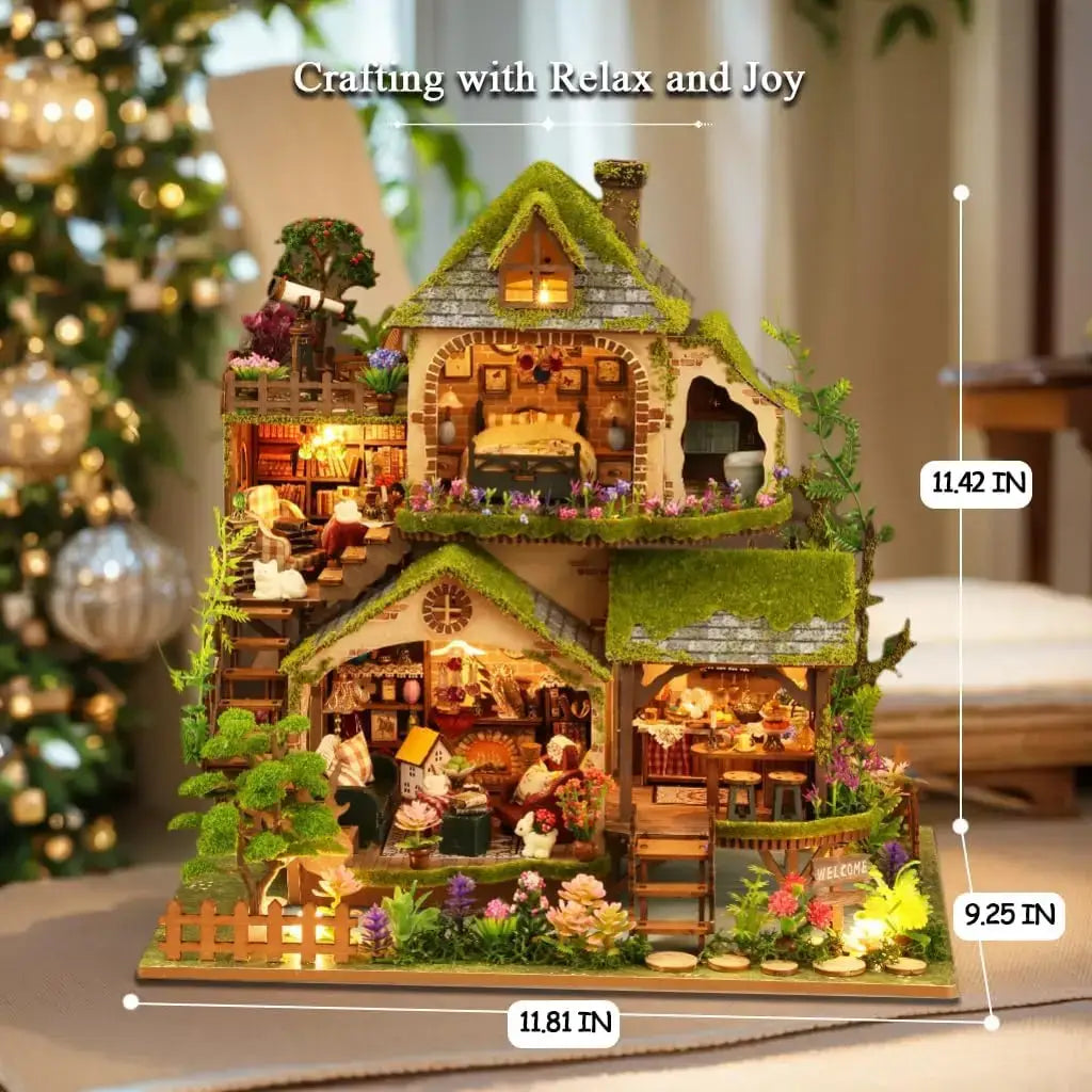 DIY Miniature House Kit for 14 + years showcasing a realistic forest design, detailed interior, and vibrant colors.