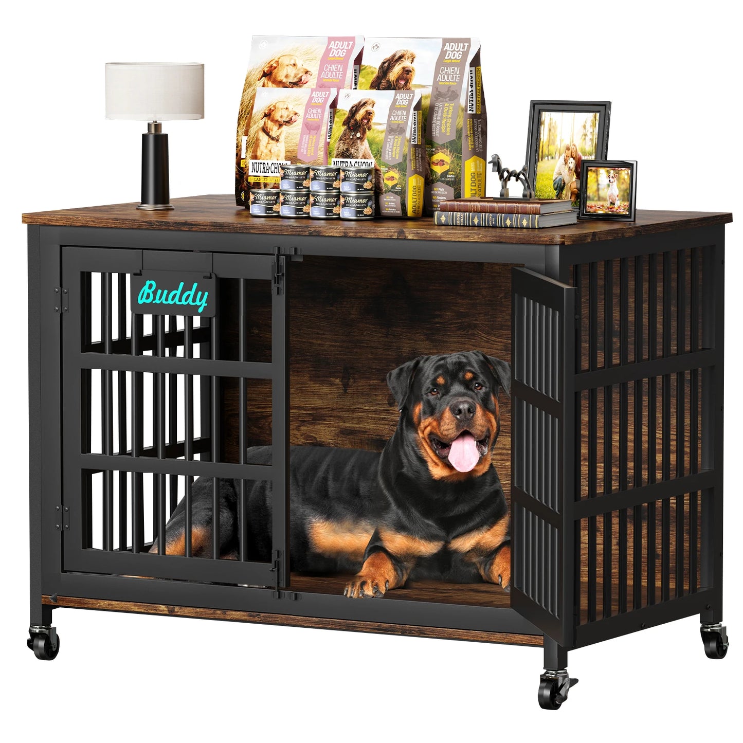 Indoor Dog Crate Furniture With Casters For Large and Medium Dogs.