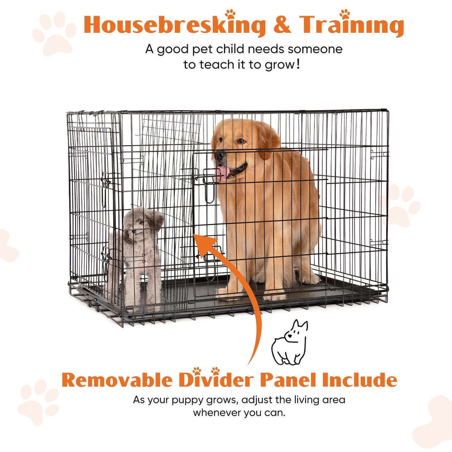 JHK Double Door Folding Metal Wire Dog Cage with Plastic Leak-Proof Pan.