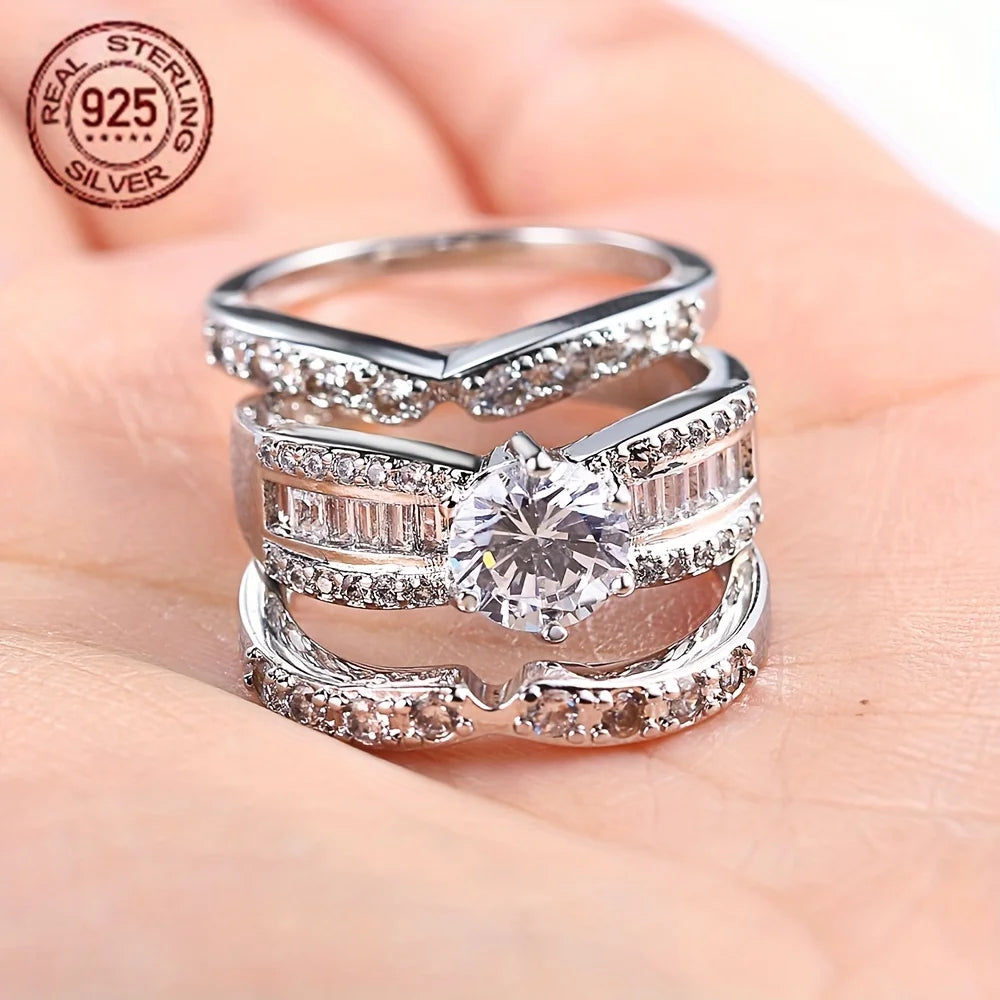 Set of 3 Luxurious Women's Wedding Rings Made Of 925 Silver