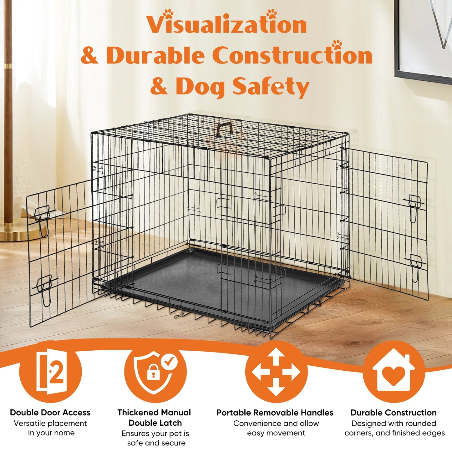 JHK Double Door Folding Metal Wire Dog Cage with Plastic Leak-Proof Pan.