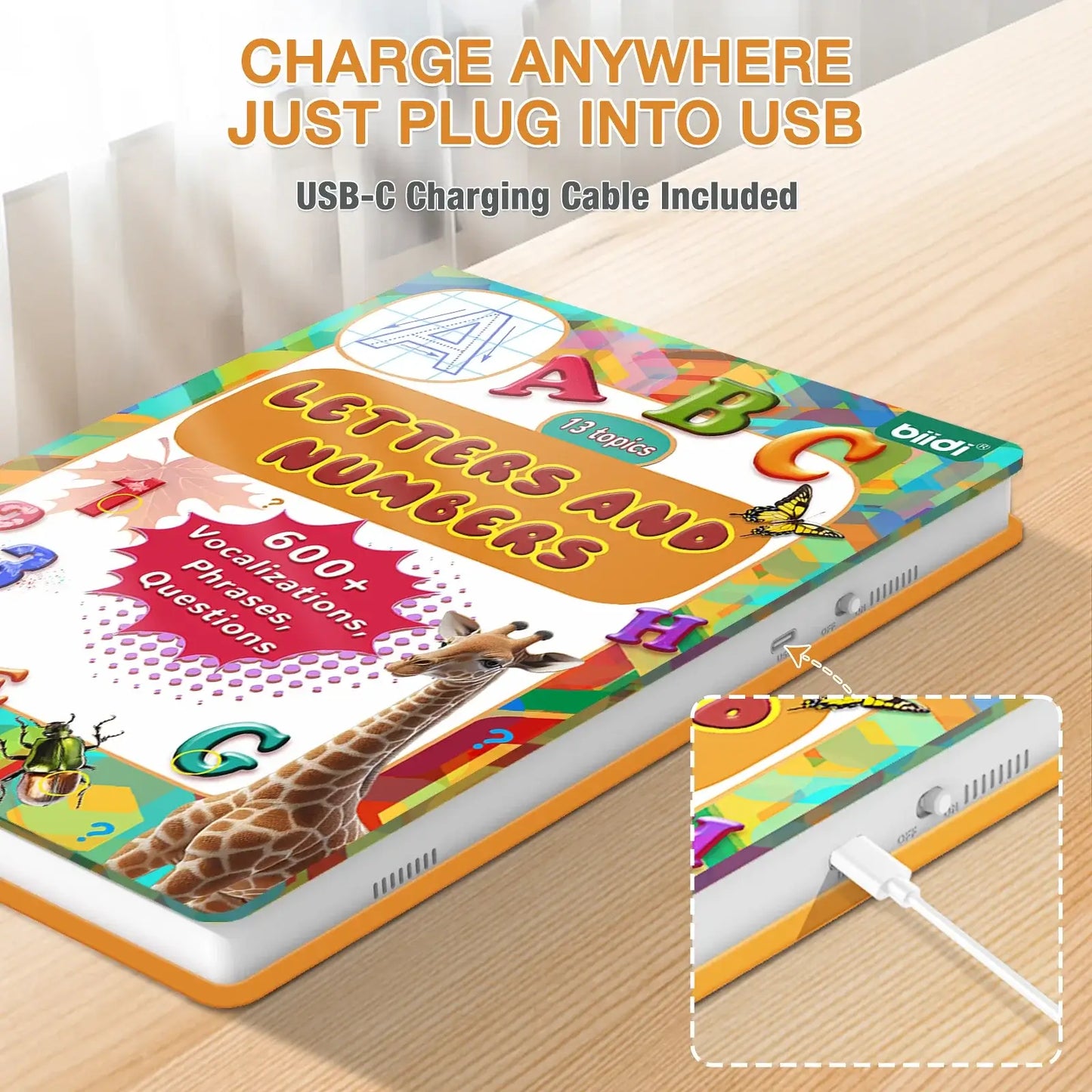 Preschool Reusable English Sound Book With Alphabet featuring USB-C charging and colorful alphabet designs.