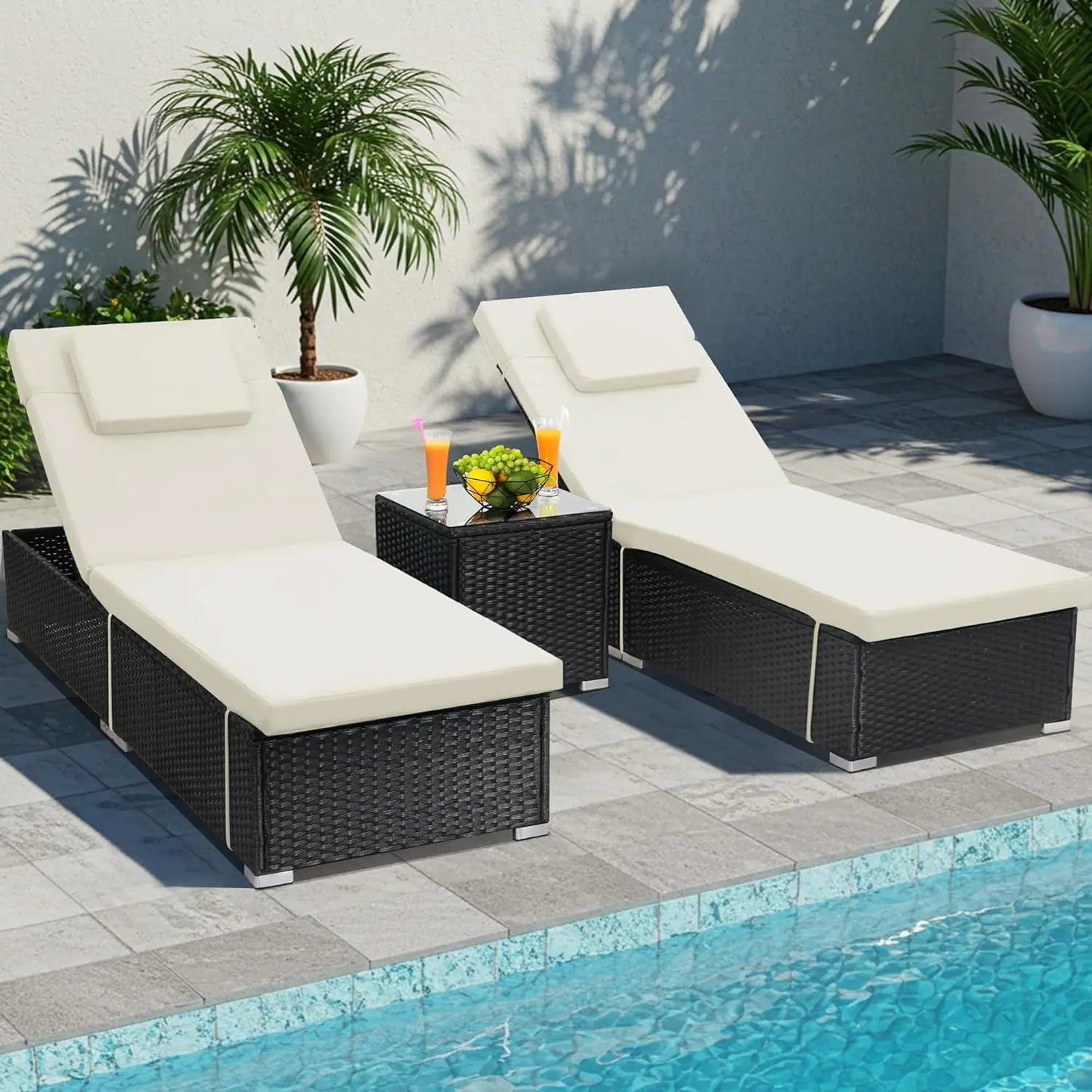 All-Weather Wicker Adjustable Chaise Lounge Set w/ Side Table, Washable Cushion for Patio & More.