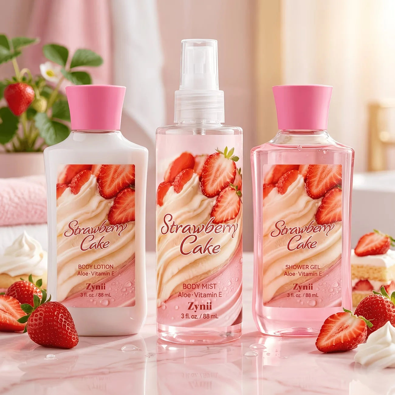 ZYNII Strawberry Cake, Peach And Rose Bath Set.