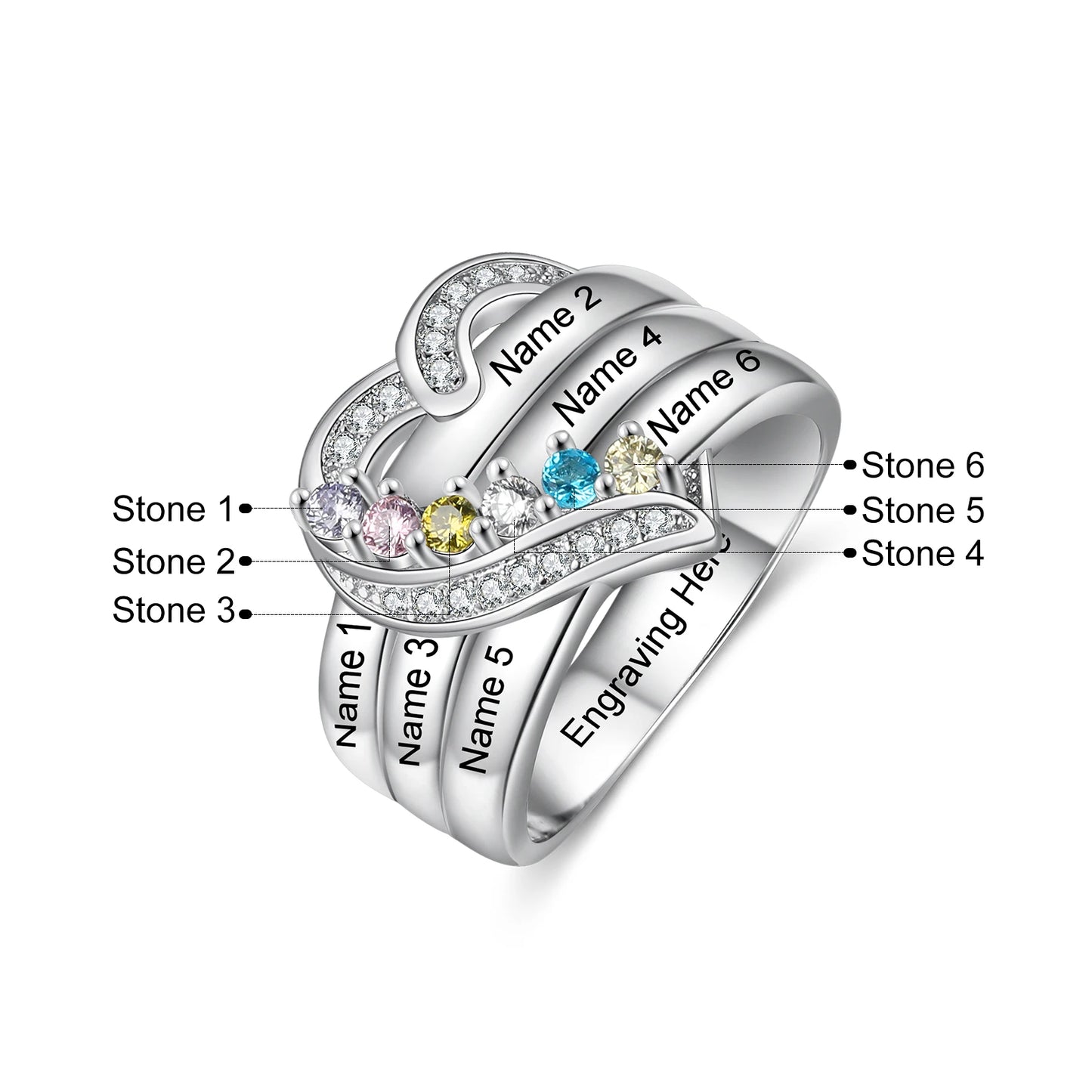Custom 925 Sterling Silver Personalized 1-8 Name Engraved Ring with Birthstone.