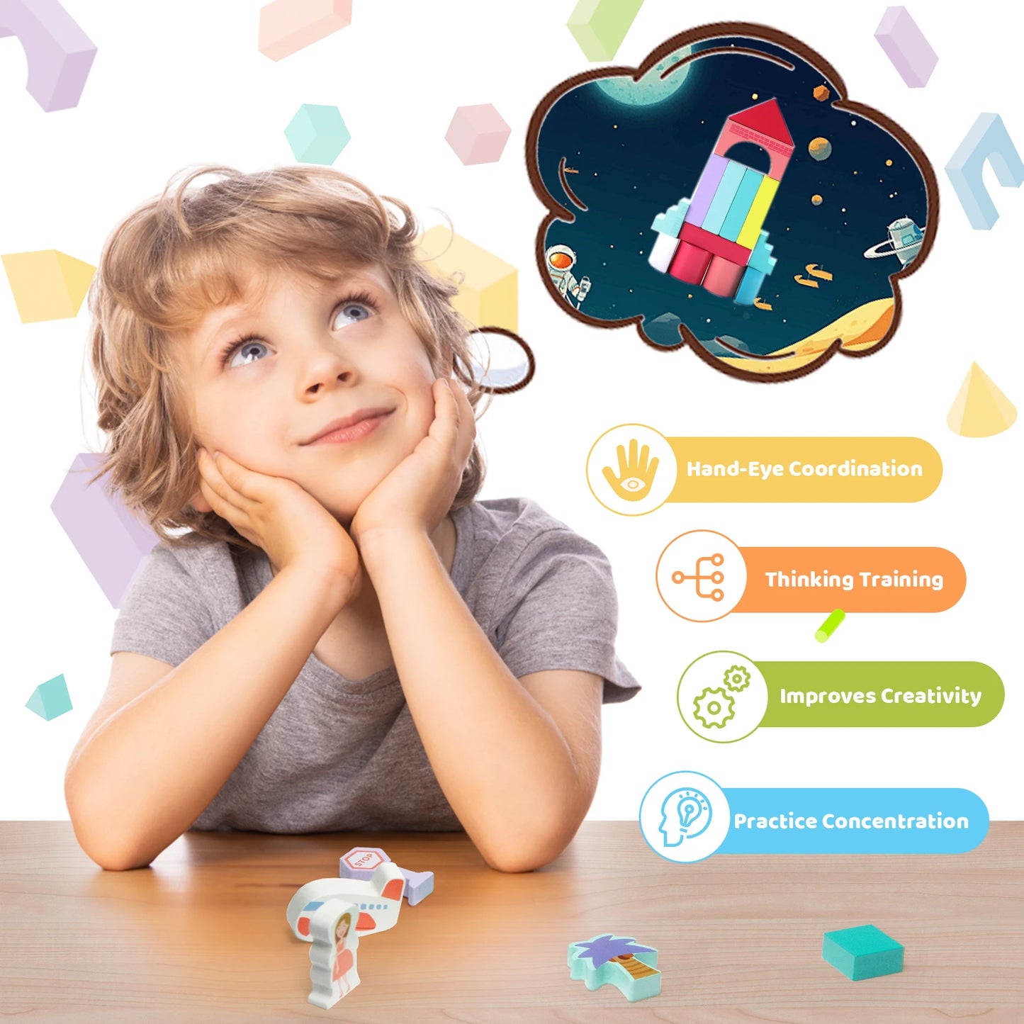 Wooden Building Blocks Set with City Map for Toddlers.