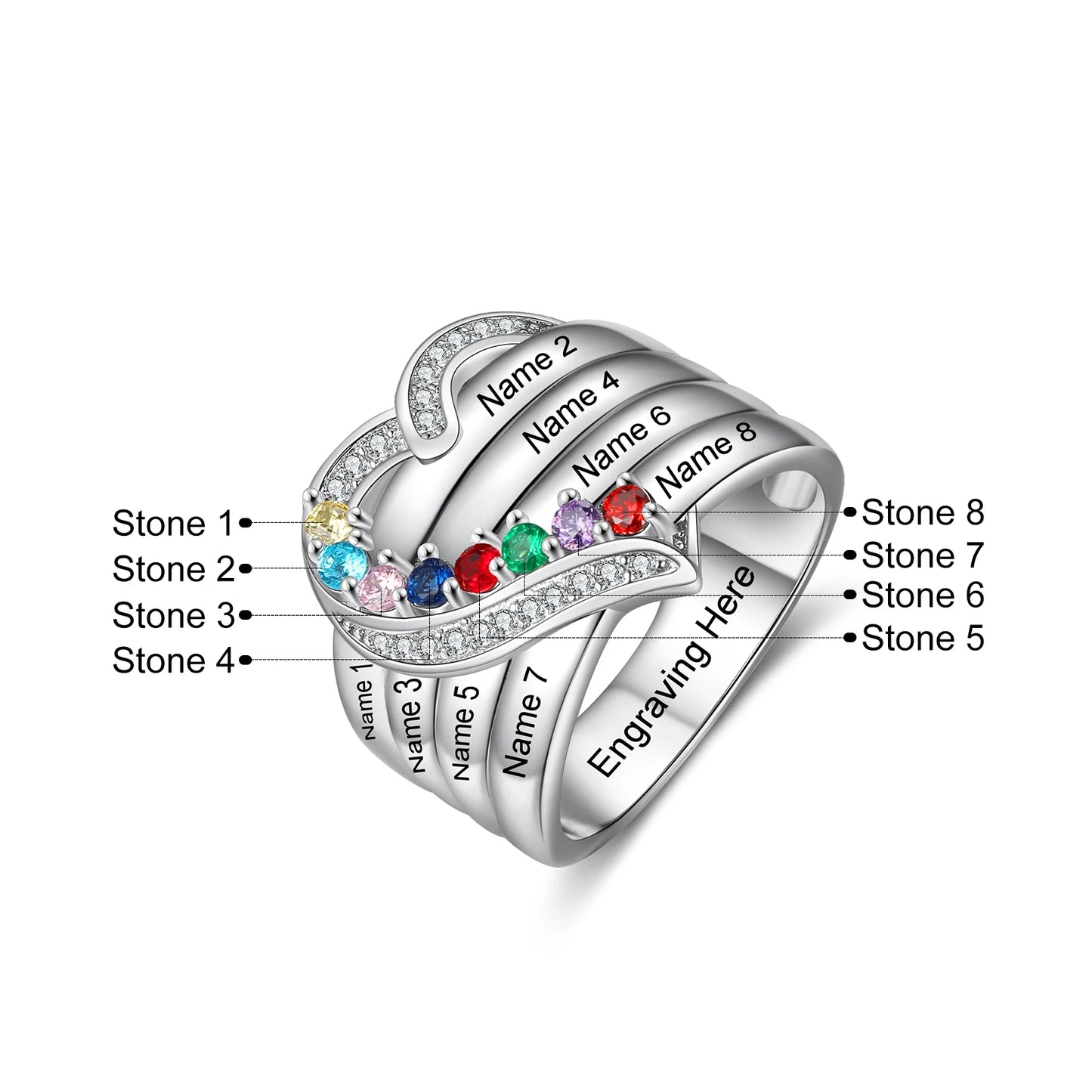 Custom 925 Sterling Silver Personalized 1-8 Name Engraved Ring with Birthstone.