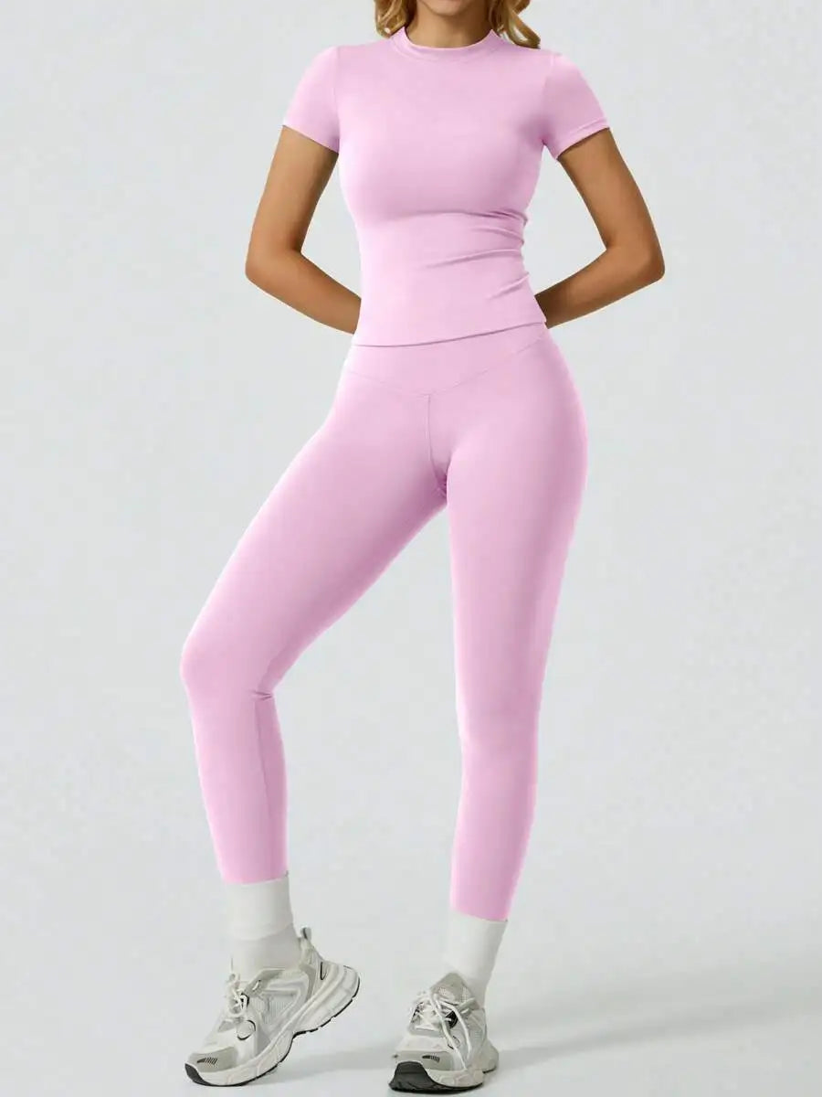 Two Piece Yoga Set, Short Sleeve Top & High Waist Leggings For Women.