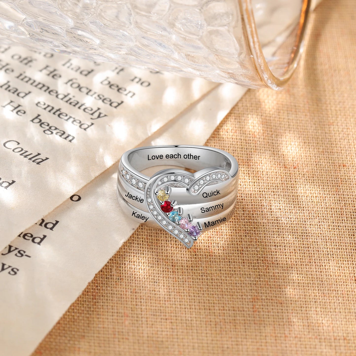 Custom 925 Sterling Silver Personalized 1-8 Name Engraved Ring with Birthstone.