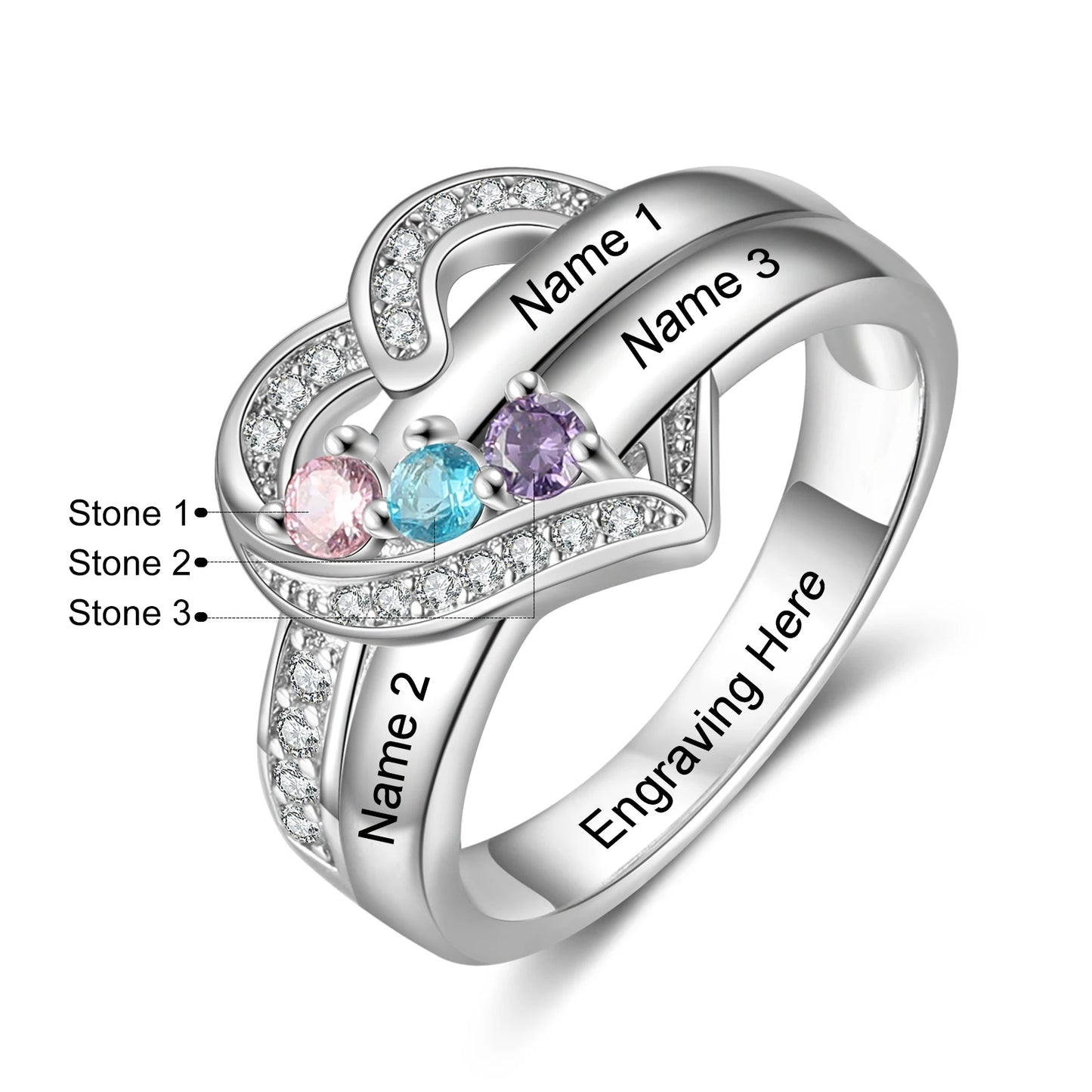 Custom 925 Sterling Silver Personalized 1-8 Name Engraved Ring with Birthstone.
