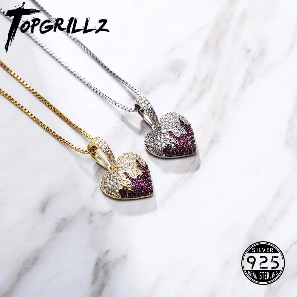TOPGRILLZ 925 Sterling Silver Iced Cubic Zirconia Heart Pendant