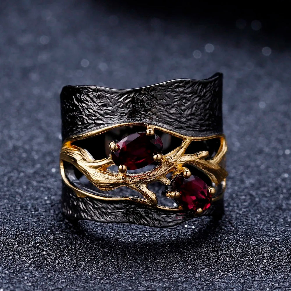 GEM'S BALLET 925 Sterling Silver Branch Rings with Natural Rhodolite Garnet Gemstones.