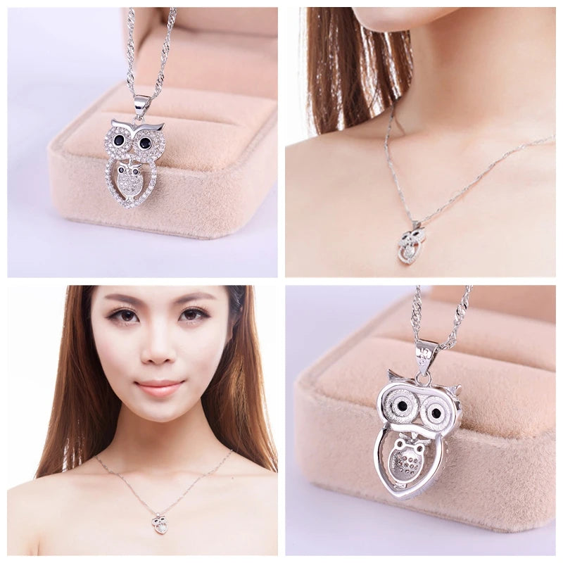 Cubic Zirconia Mom and Baby Owl Necklace for Women .