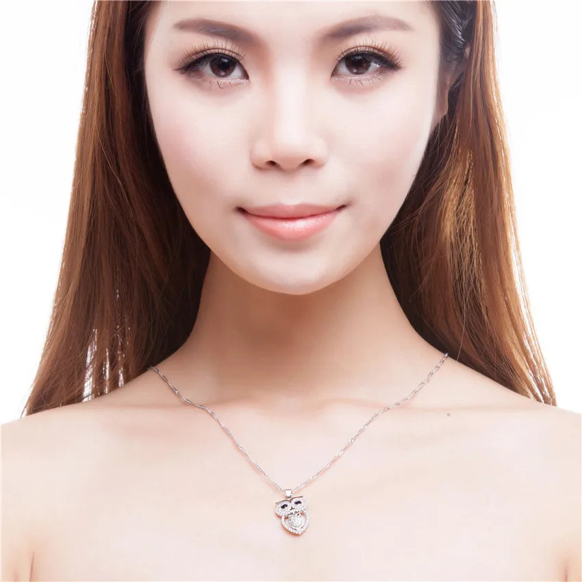 Cubic Zirconia Mom and Baby Owl Necklace for Women .