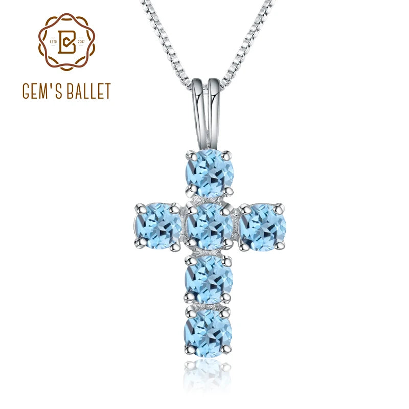 Swiss Blue Topaz  Gemstone Cross Pendant Necklaces for Women .