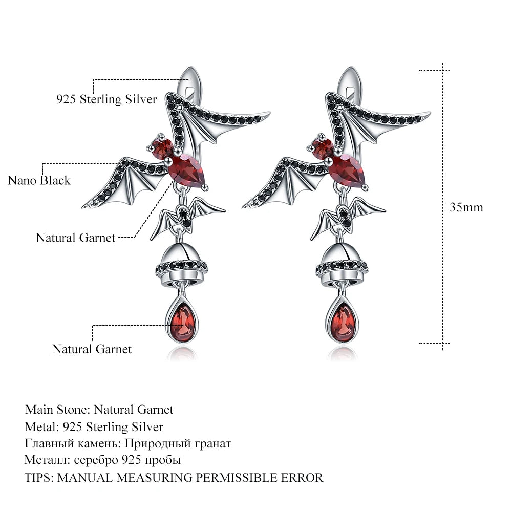 Natural Garnet Gemstone Bat Earrings.