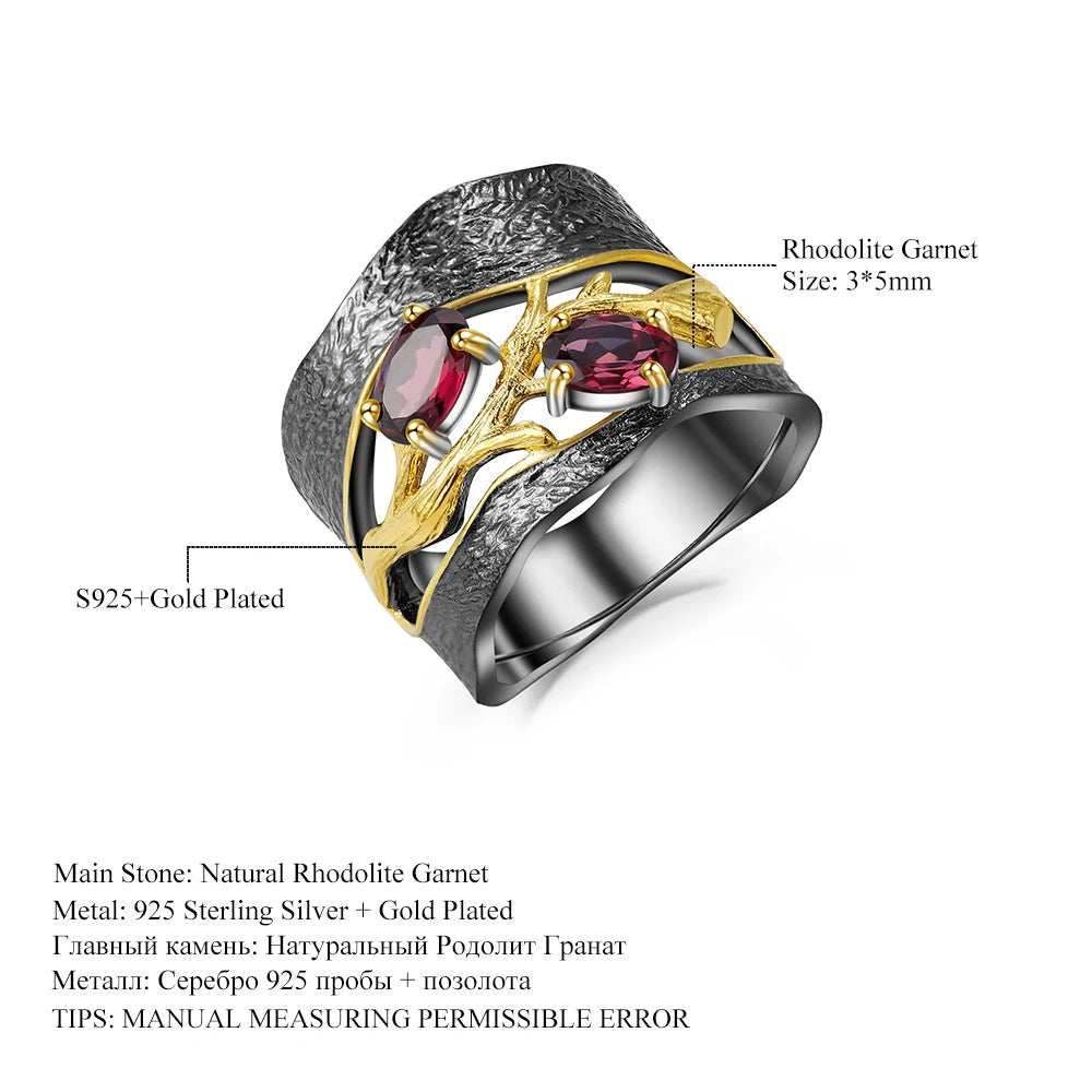 GEM'S BALLET 925 Sterling Silver Branch Rings with Natural Rhodolite Garnet Gemstones.