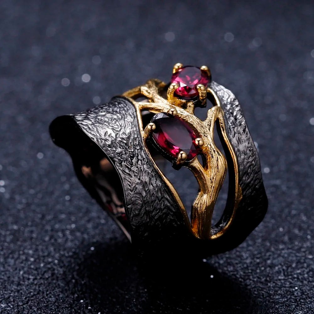GEM'S BALLET 925 Sterling Silver Branch Rings with Natural Rhodolite Garnet Gemstones.