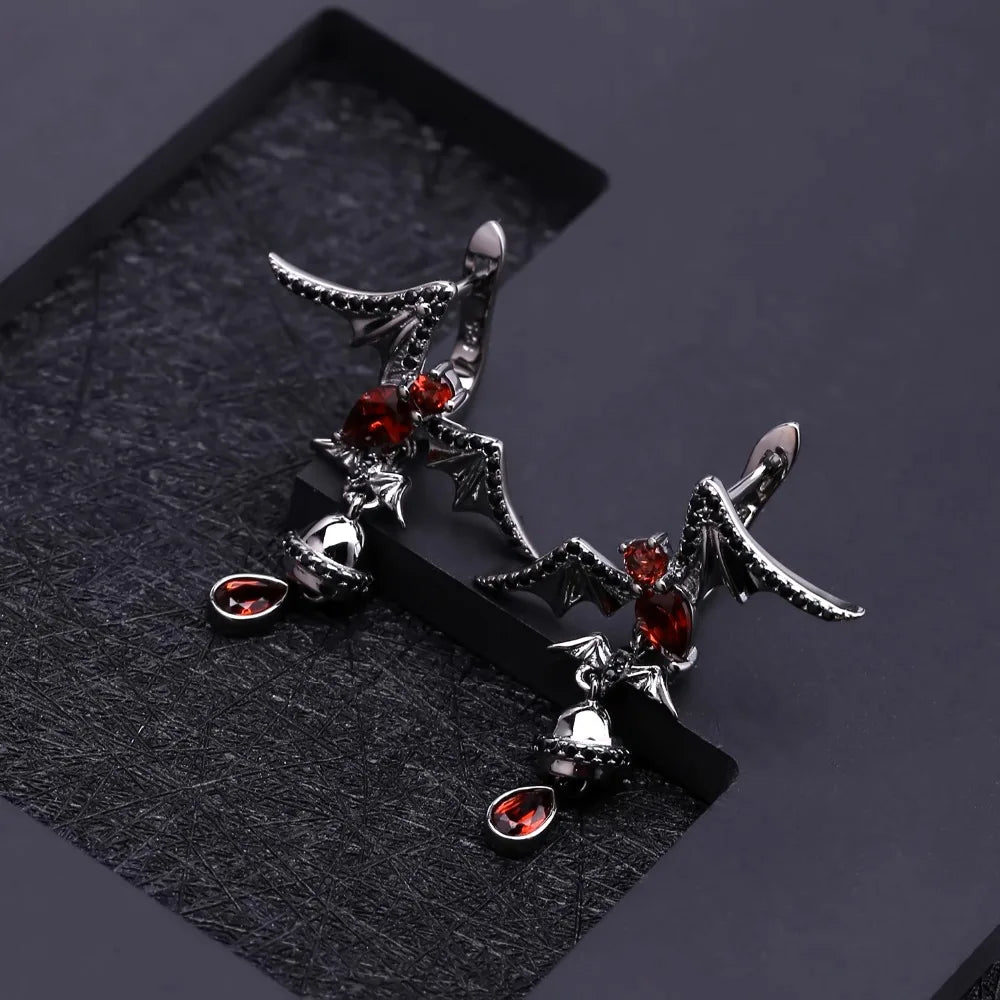 Natural Garnet Gemstone Bat Earrings.