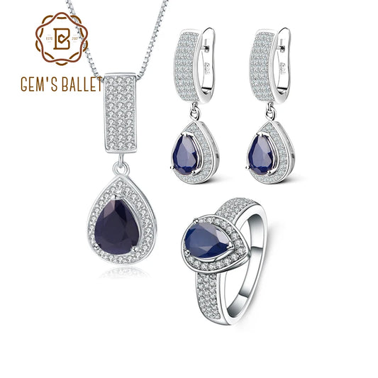 GEM'S BALLET Classic Natural Blue Sapphire  Jewelry Set. (925 Sterling Silver)