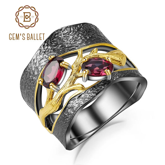 GEM'S BALLET 925 Sterling Silver Branch Rings with Natural Rhodolite Garnet Gemstones.
