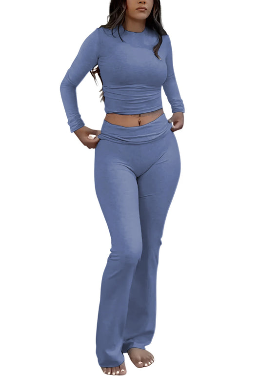 Women's Yoga Two-Piece Set Long-Sleeve Wide-Leg Activewear Set.