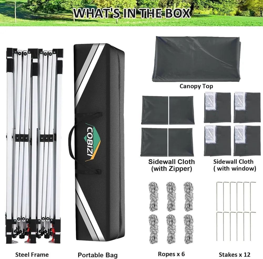 COBIZI 10x20ft Pop Up Canopy Tent with 6 Sidewalls, Waterproof UV50+, Adjustable Height &  Sandbags.