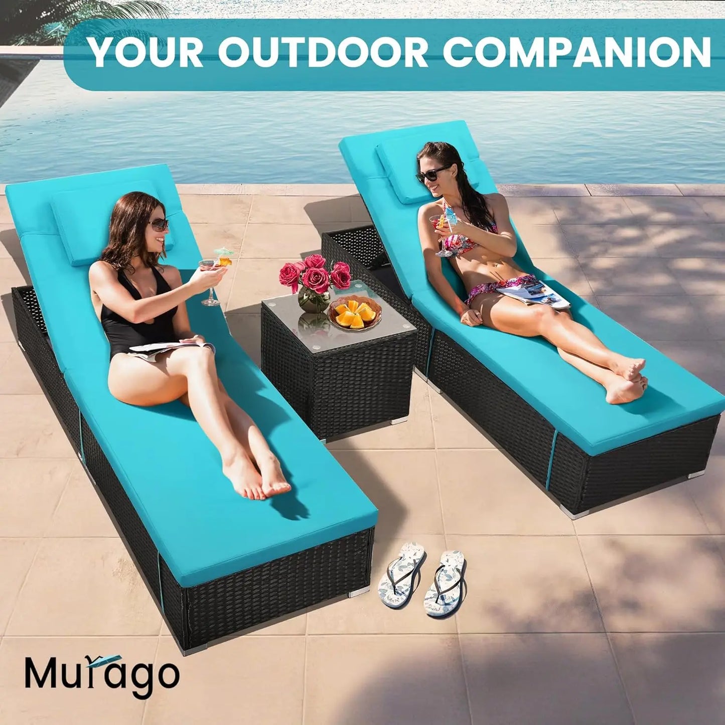 All-Weather Wicker Adjustable Chaise Lounge Set w/ Side Table, Washable Cushion for Patio & More.