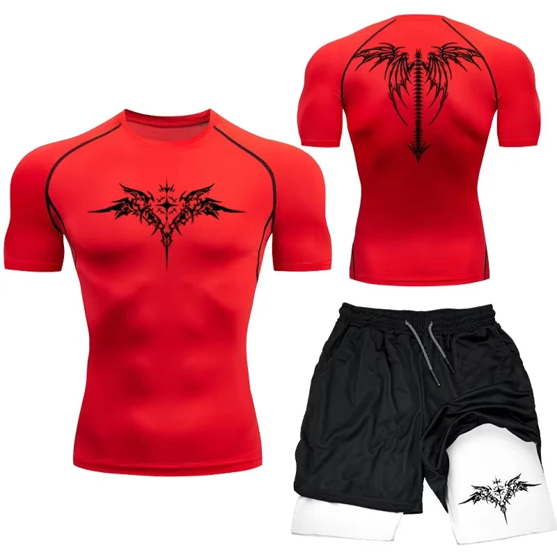 Men's MMA Compression Athletic Set - Quick-Dry Gym Shorts + Running Workout Tight .
