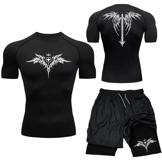 Men's MMA Compression Athletic Set - Quick-Dry Gym Shorts + Running Workout Tight .