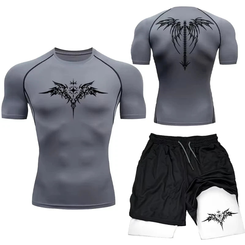 Men's MMA Compression Athletic Set - Quick-Dry Gym Shorts + Running Workout Tight .