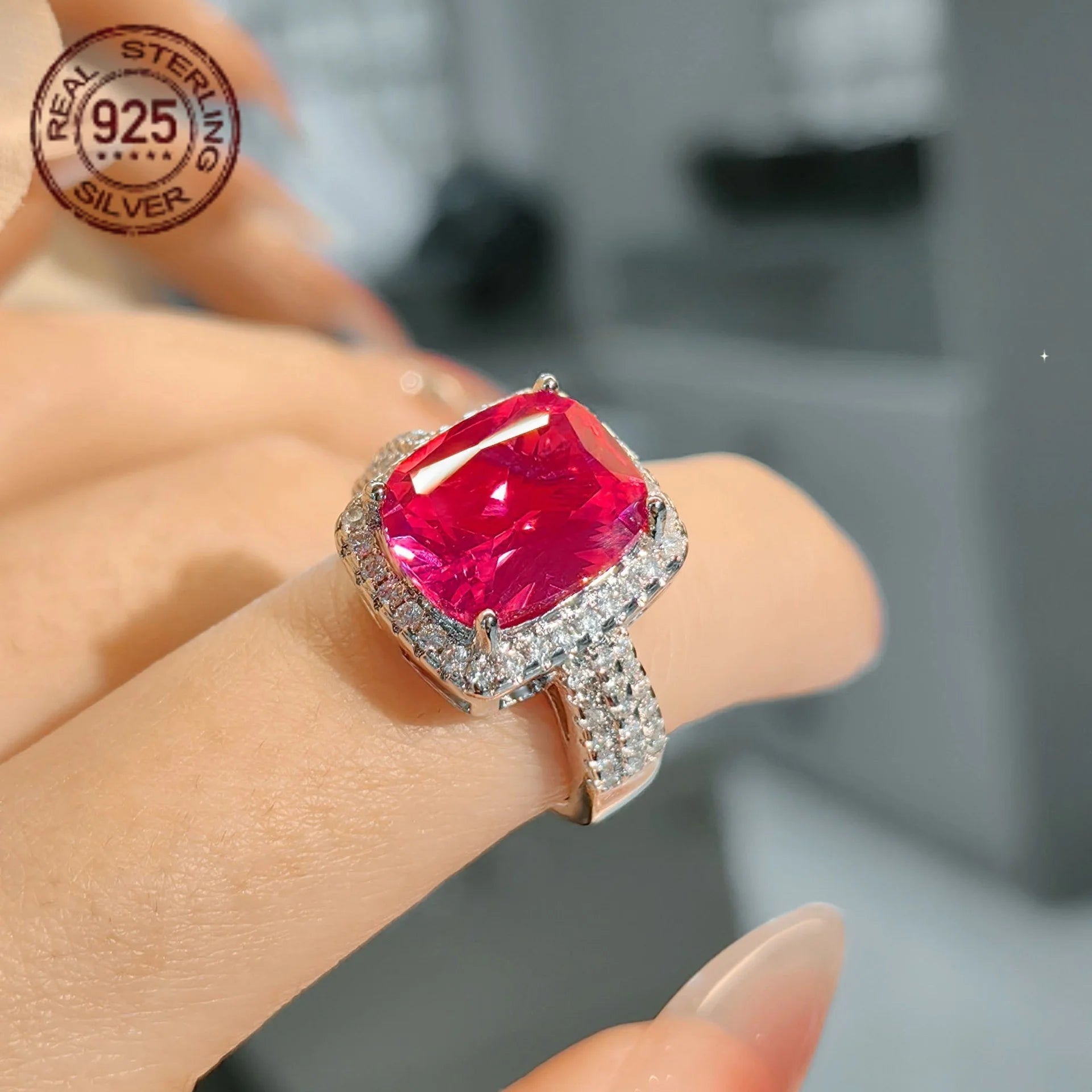 Luxury 925 Silver Princess Cut Ruby Zircon Ring For Women .