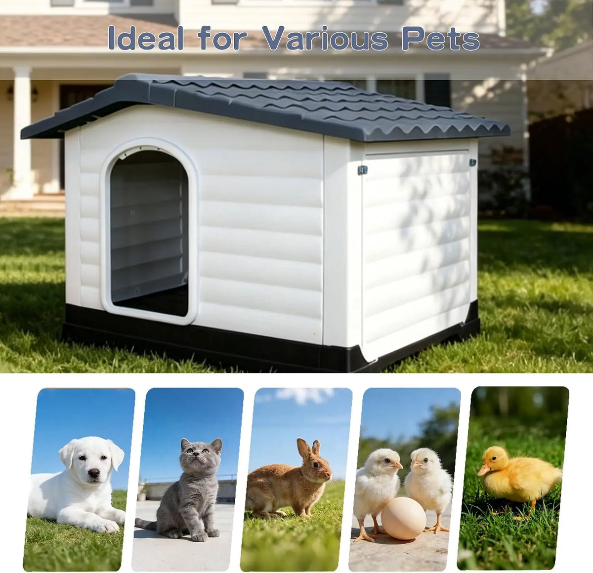 Waterproof 2-Door Dog House, Grey With Elevated Base, For Indoor/Outdoor Use.