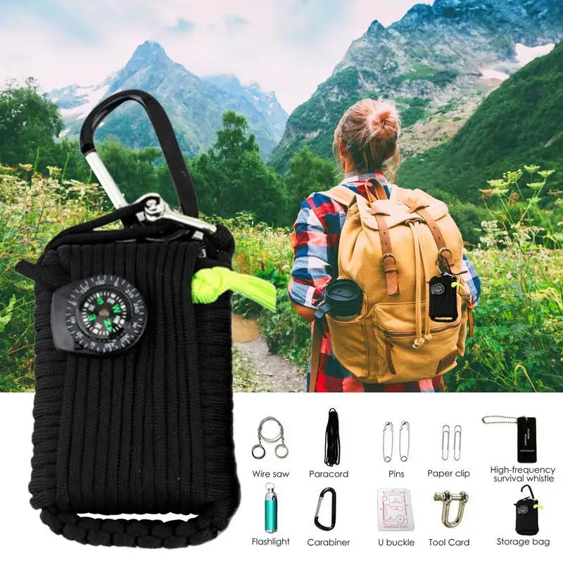 Bag Includes Line Saw, Paracord Pin, Return Pin, Whistle ,Flashlight and Hiking Buckle Storage Bag.