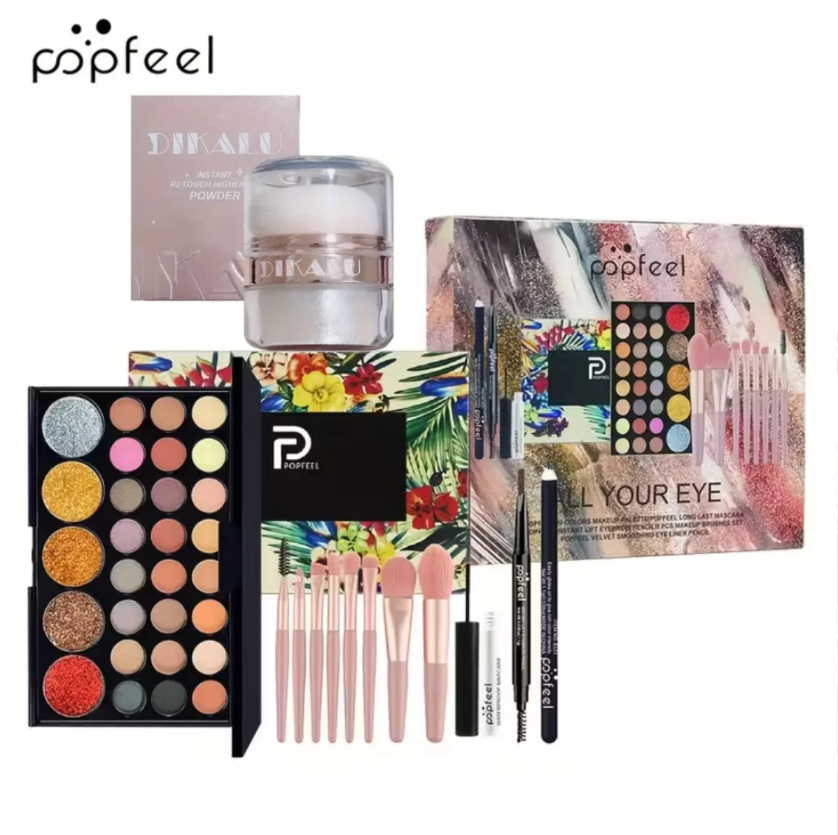 POPFEEL All-in-One Full Face Makeup Kit with Brush + Facial highlighter-Complete Beauty Set.