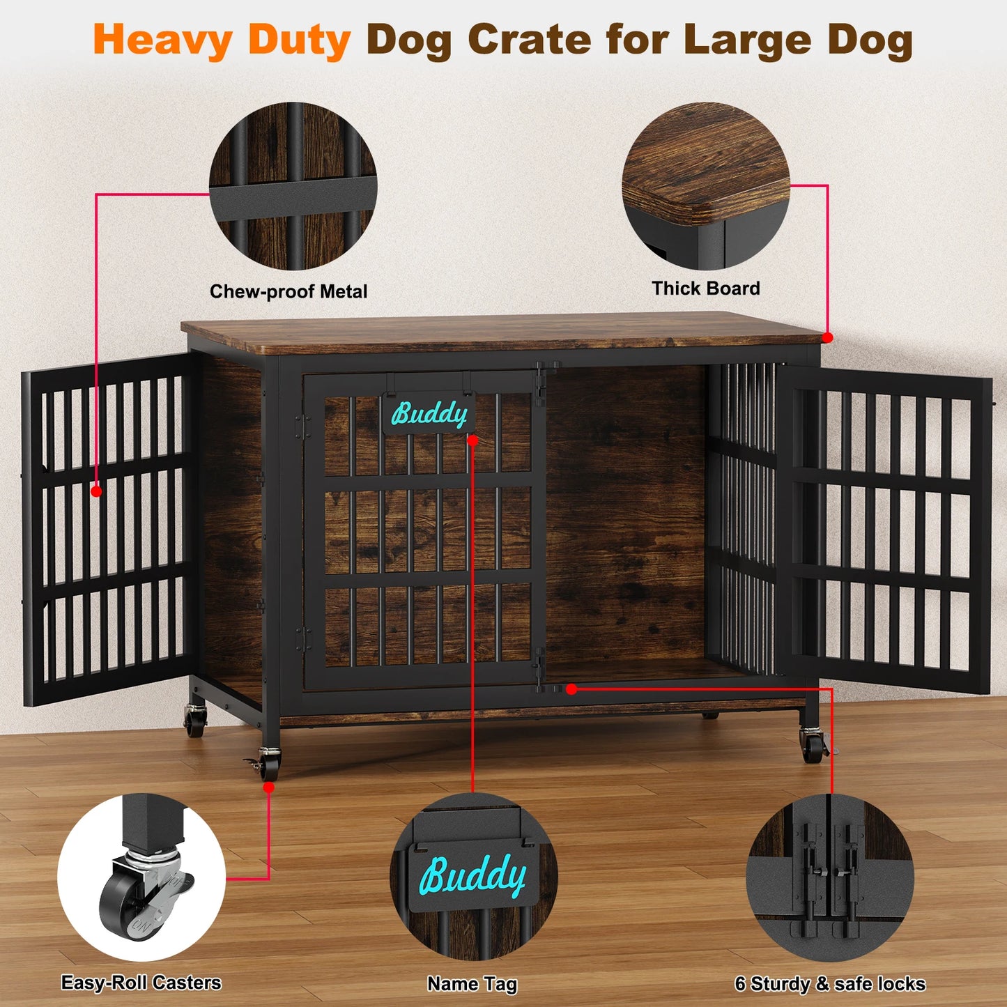 Indoor Dog Crate Furniture With Casters  For Large and Medium Dogs.