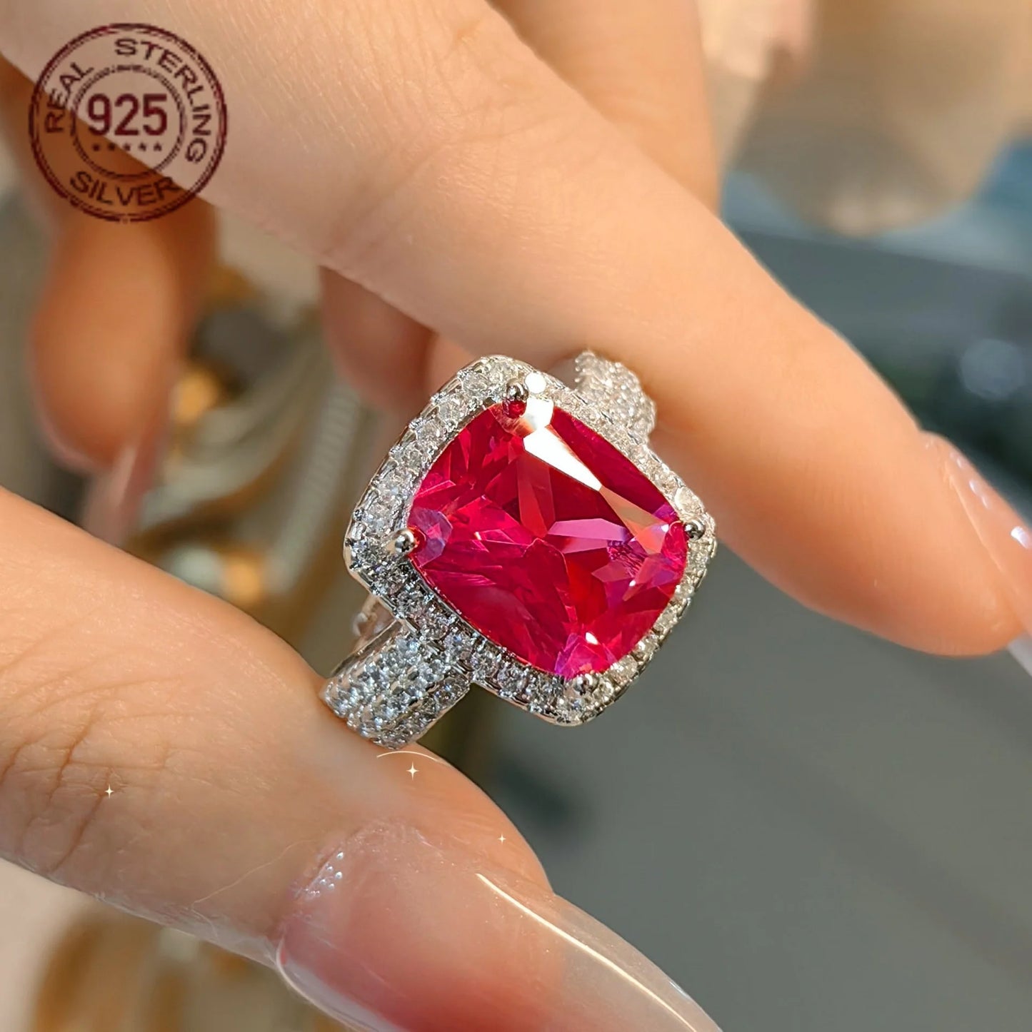 Luxury 925 Silver Princess Cut Ruby Zircon Ring For Women .