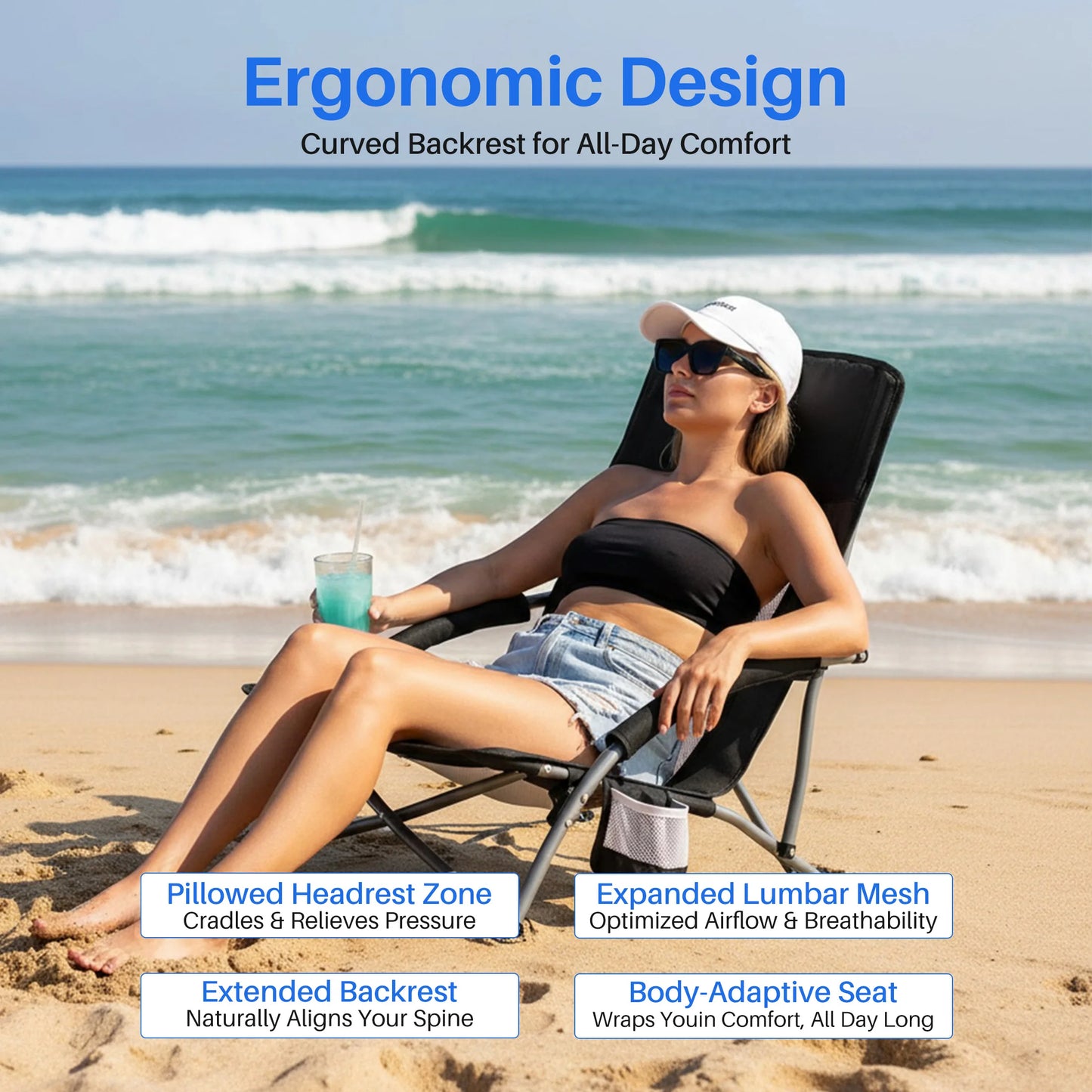 JHK Portable Lightweight Low Camping & Beach Chair.