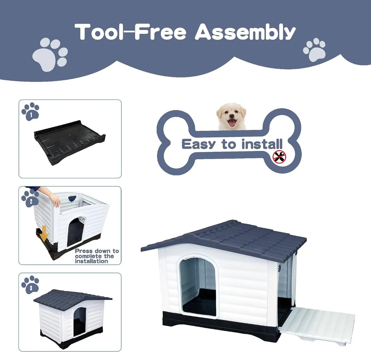 Waterproof 2-Door Dog House, Grey With Elevated Base, For Indoor/Outdoor Use.