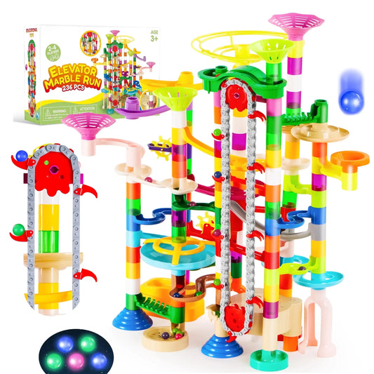 Joyfy 236 Pcs Glowing Marble Run with Motorized Elevator Building Blocks.