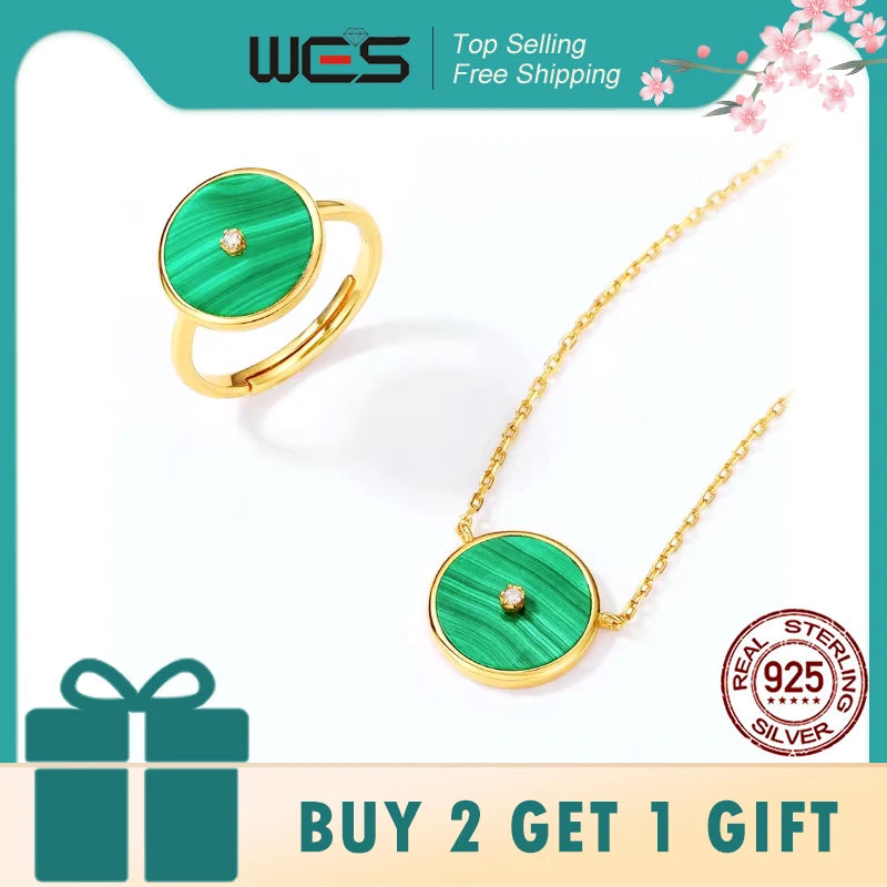 Gold Plated WES 925 Sterling Silver Malachite Jewelry Set for Woman.