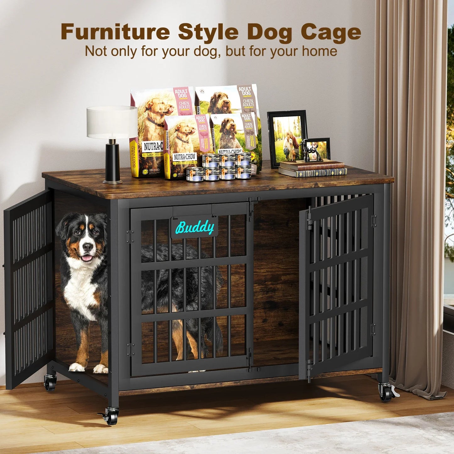 Indoor Dog Crate Furniture With Casters  For Large and Medium Dogs.