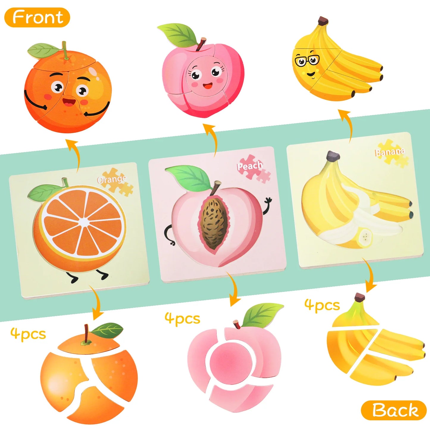 Six -piece fruit wooden two-sided jigsaw puzzle for toddlers.