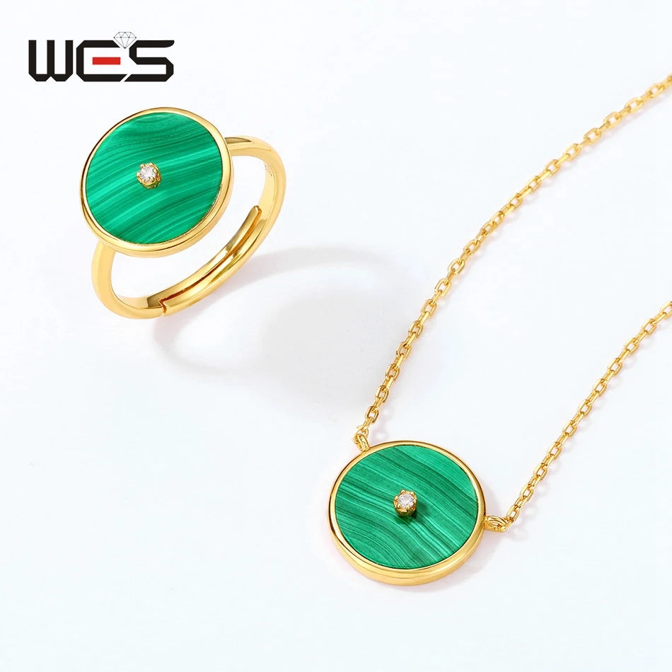 Gold Plated WES 925 Sterling Silver Malachite Jewelry Set for Woman.