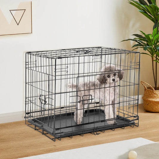 JHK Double Door Folding Metal Wire Dog Cage with Plastic Leak-Proof Pan.