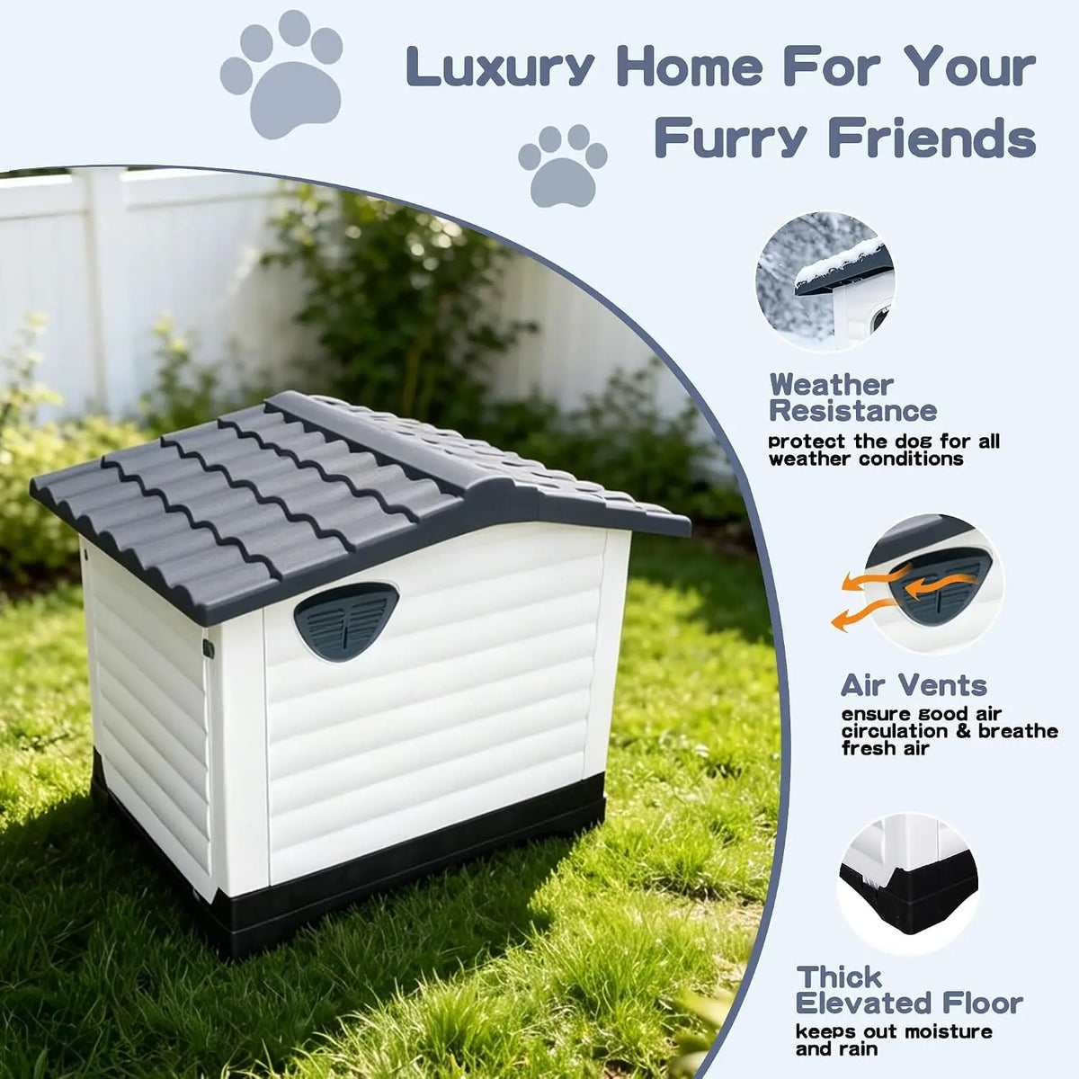 Waterproof 2-Door Dog House, Grey With Elevated Base, For Indoor/Outdoor Use.
